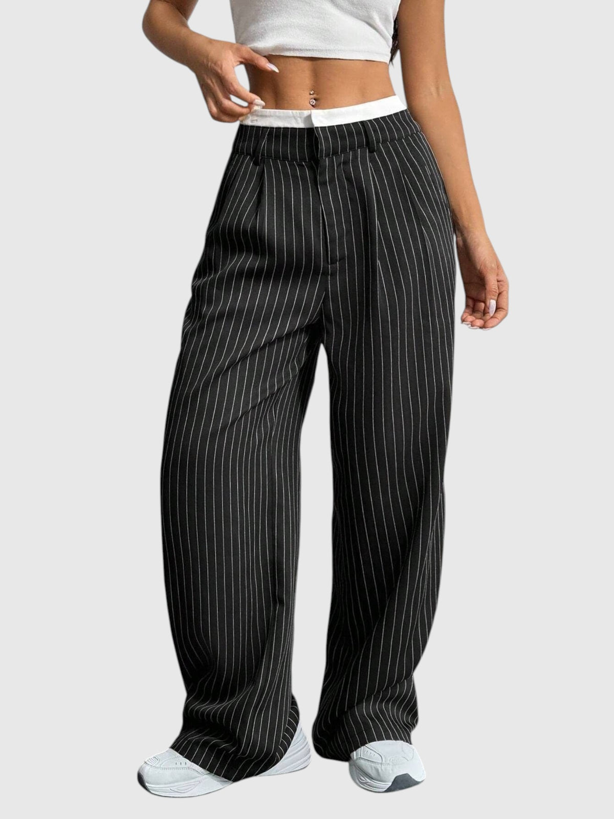 My Store Abigail high waisted wide leg black pinstripe pants with elastic waistband worn with a white crop top