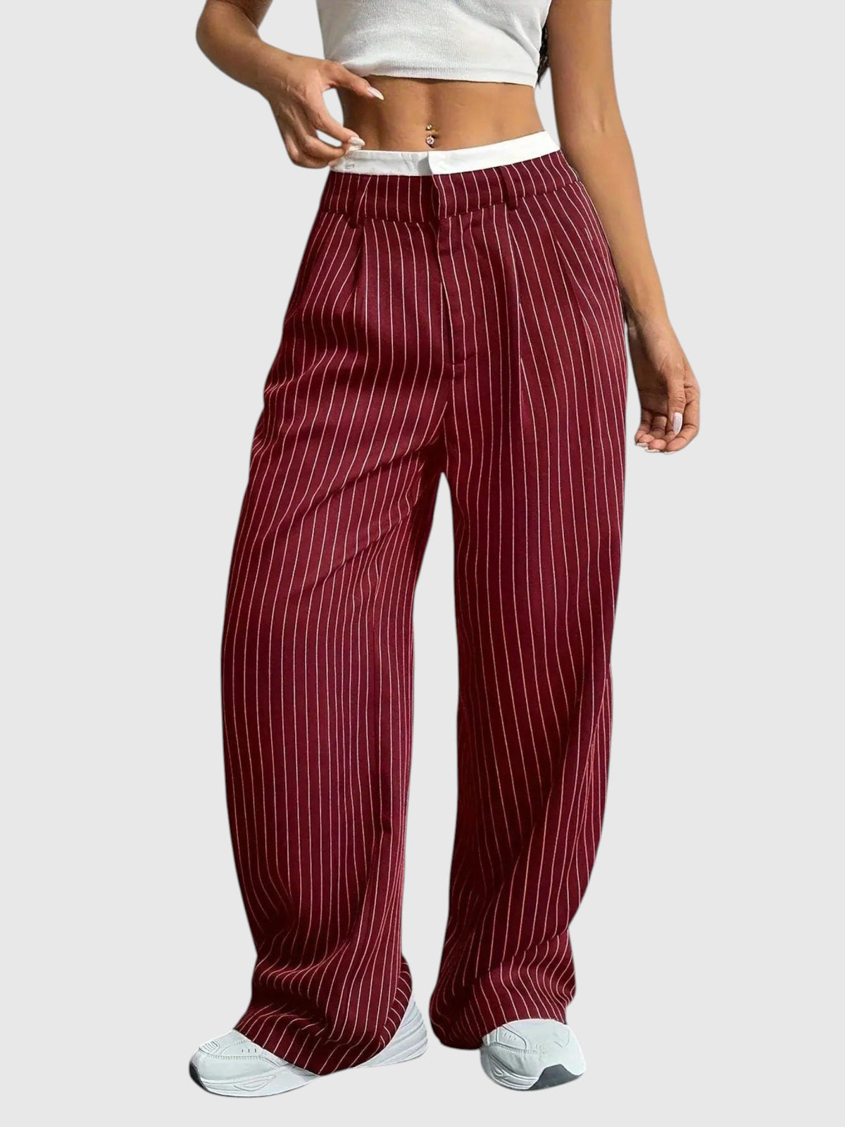 My Store Abigail high waisted wide leg pinstripe pants in burgundy with an elastic waistband worn with a crop top