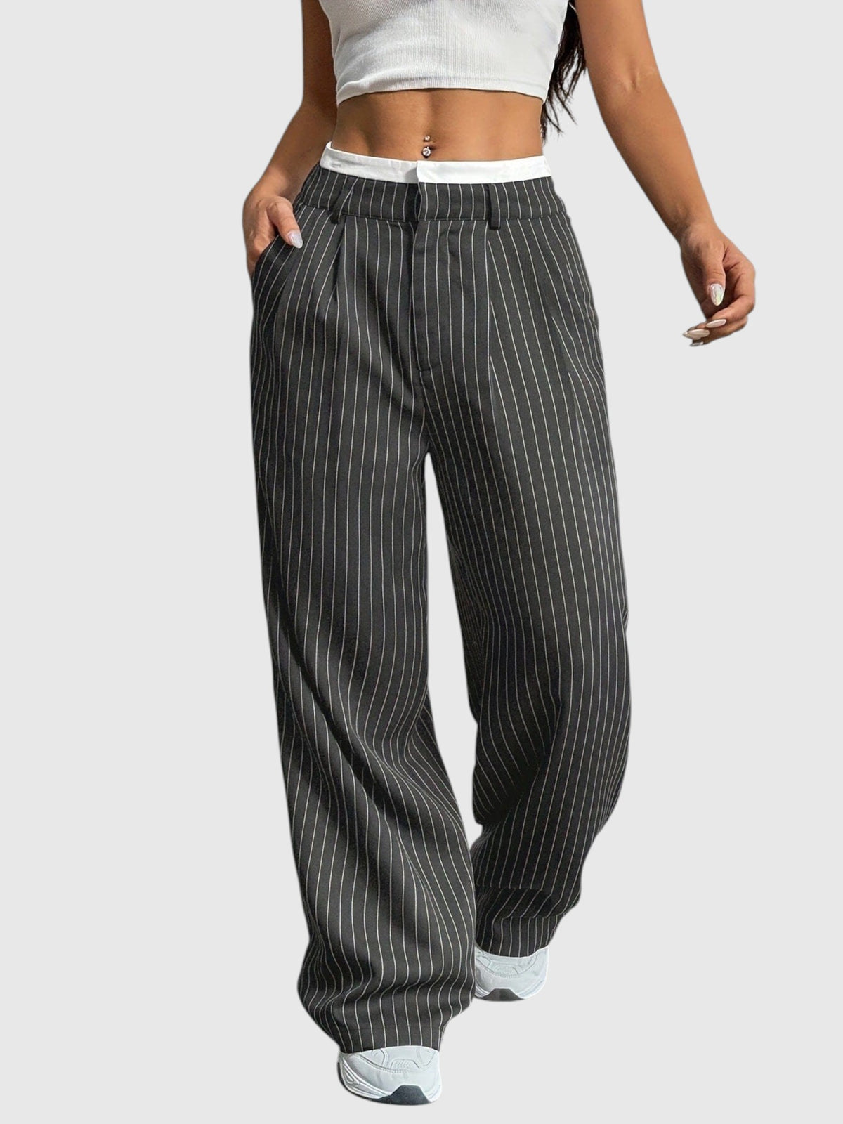 My Store Abigail high waisted wide leg pinstripe pants in charcoal grey with an elastic waistband and side pockets.