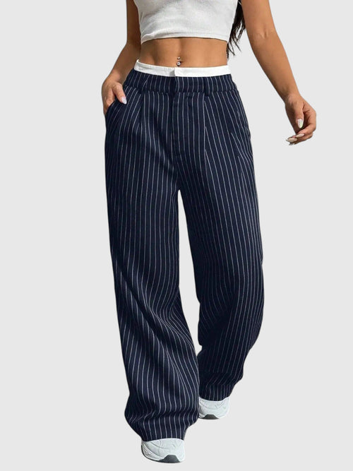 My Store Abigail high waisted wide leg pinstripe pants in navy with an elastic waistband and side pockets