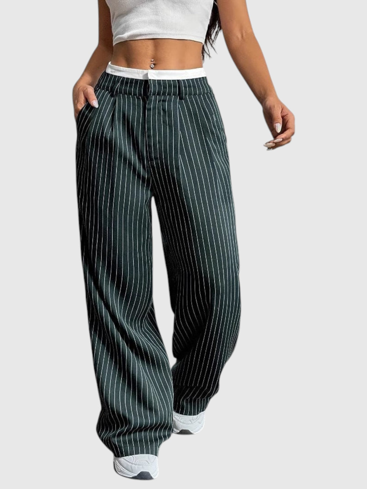 My Store Abigail high waisted wide leg pinstripe pants in dark green with an elastic waistband and side pockets