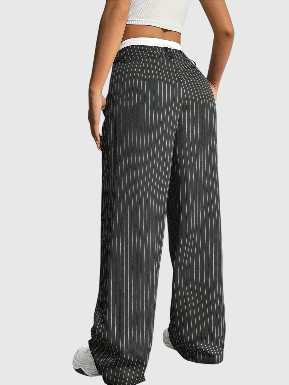 My Store Abigail high waisted wide leg pinstripe pants in black with elastic waistband worn from the back view