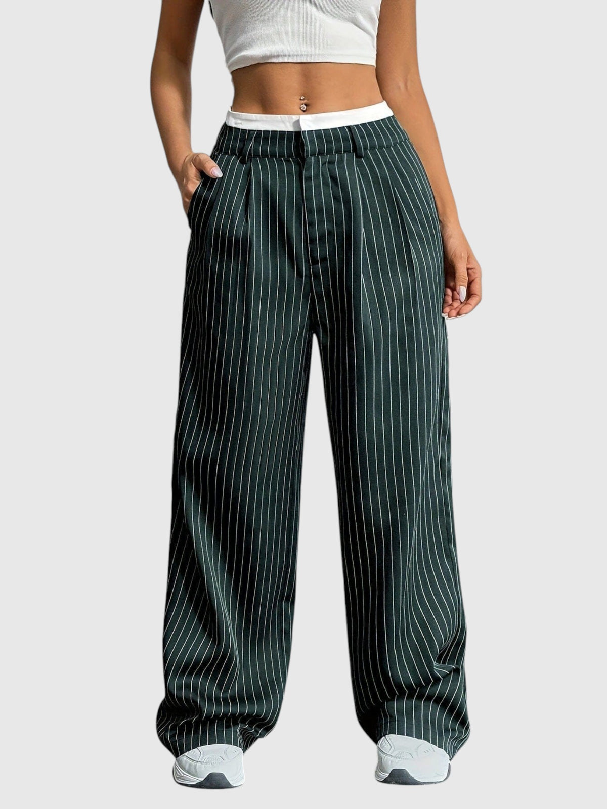 My Store Abigail high waisted wide leg pinstripe pants in dark green with an elastic waistband and side pockets