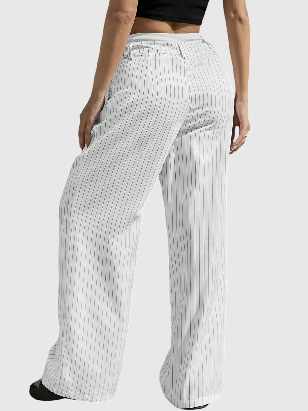 My Store Abigail high waisted wide leg pinstripe pants in white with an elastic waistband, back view