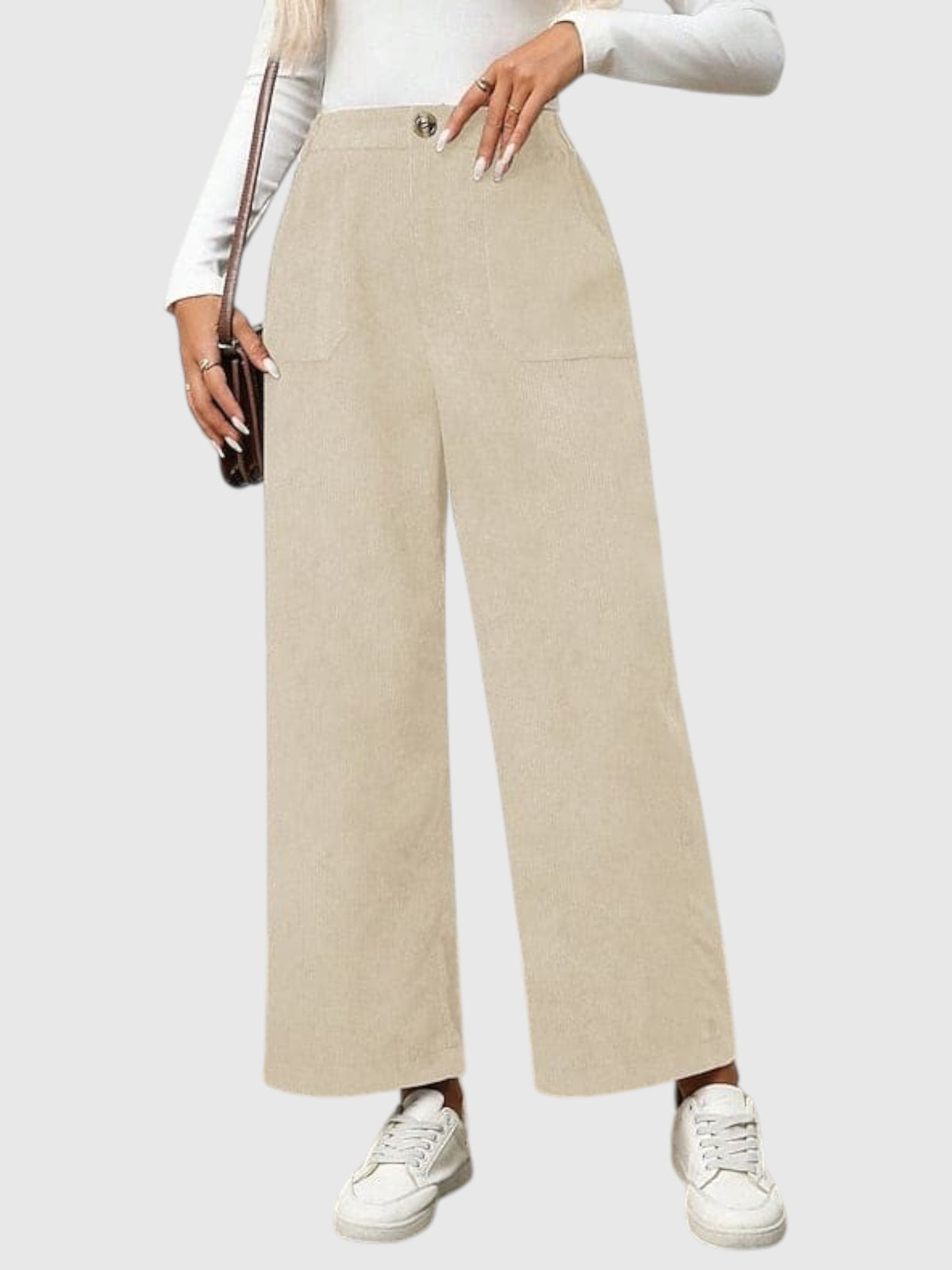 My Store Bianca high-waisted beige corduroy wide-leg pants with front pockets worn with a white top and sneakers