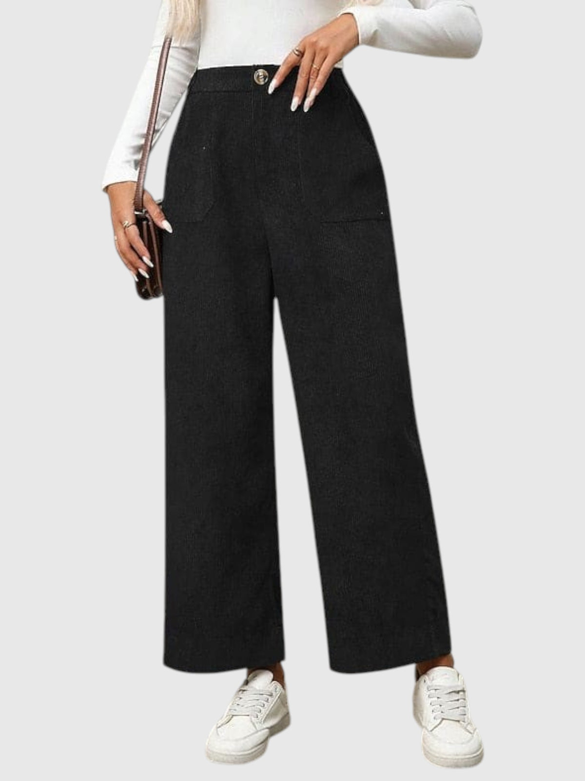 My Store Bianca black high-waisted wide-leg corduroy pants with front pockets worn with a white long-sleeve top