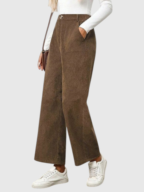 My Store Bianca brown corduroy wide-leg pants with high waist and front pockets worn with white sneakers