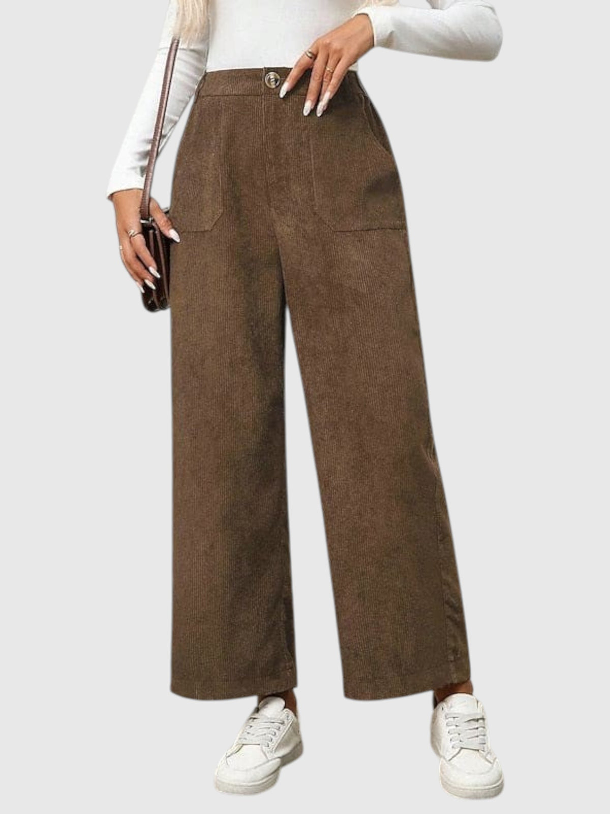 My Store Bianca high-waisted wide-leg brown corduroy pants with front pockets worn with a white top and sneakers
