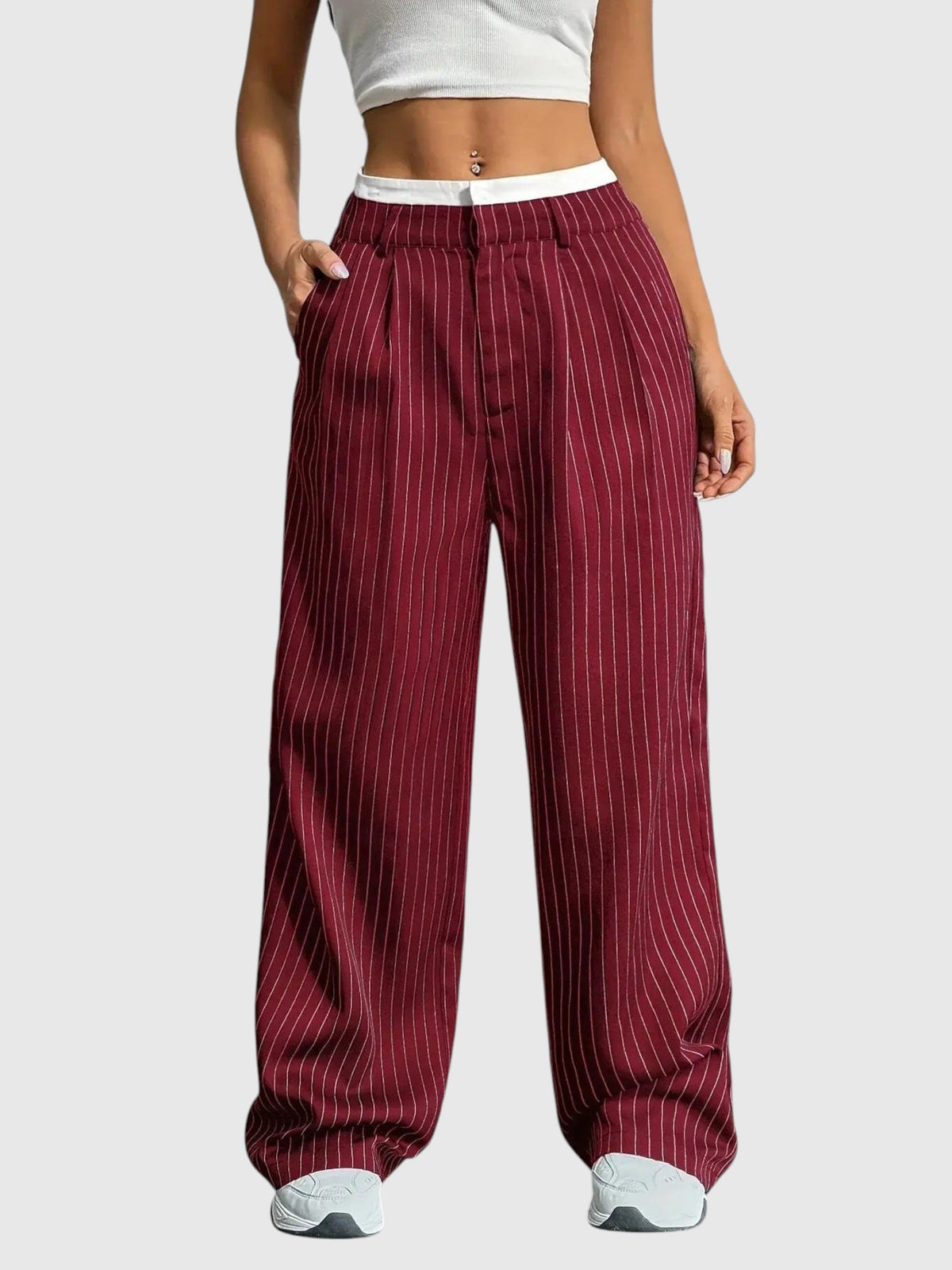 My Store Abigail high waisted wide leg pants in burgundy with white pinstripes and a comfortable elastic waistband