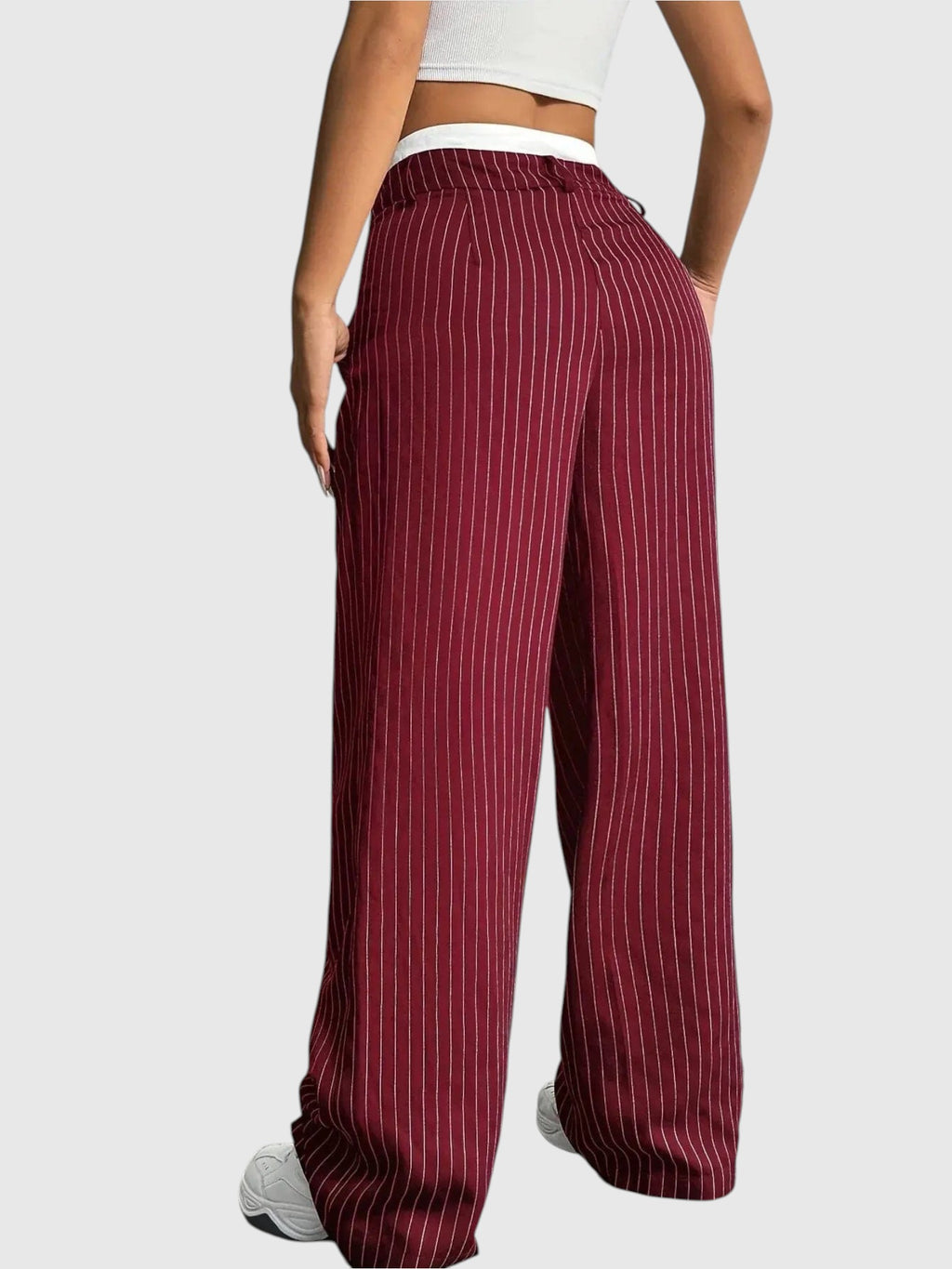 My Store Abigail high waisted wide leg pinstripe pants in burgundy with an elastic waistband, back view