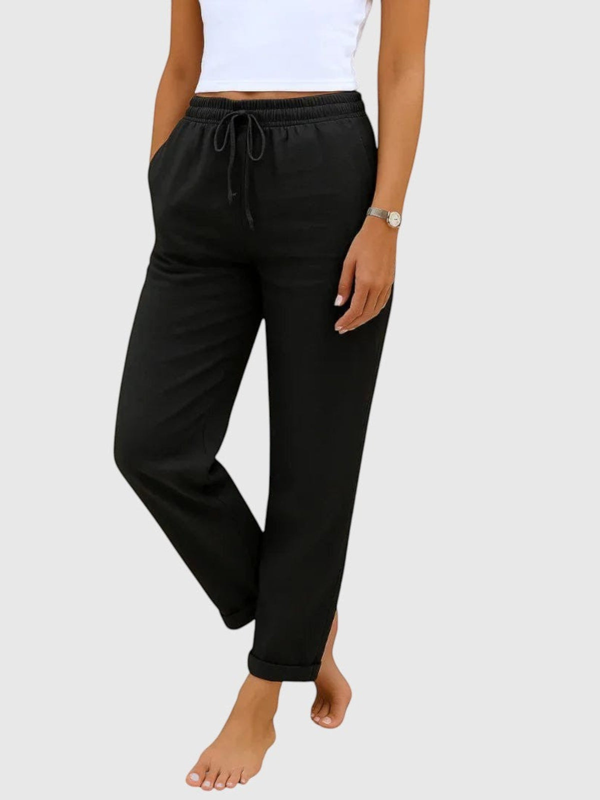 My Store Luna black drawstring pants with elastic waist and relaxed tapered fit worn by a model