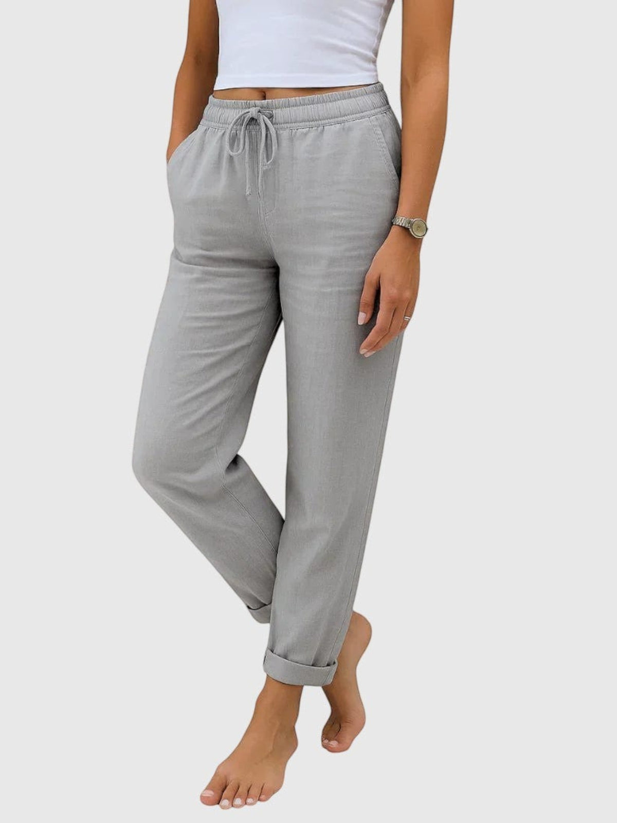 My Store Luna grey drawstring pants with elastic waist and relaxed tapered fit on a model