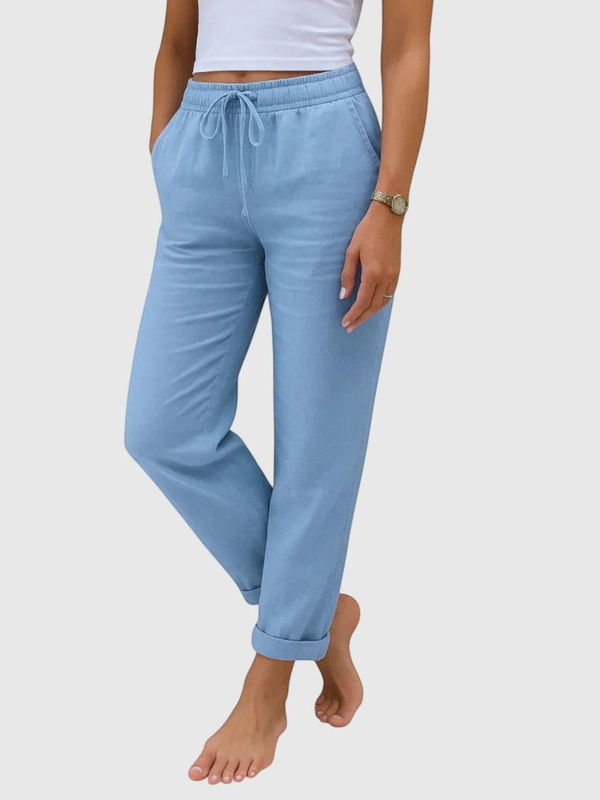 My Store Luna light blue drawstring pants with elastic waist and relaxed tapered fit on a model