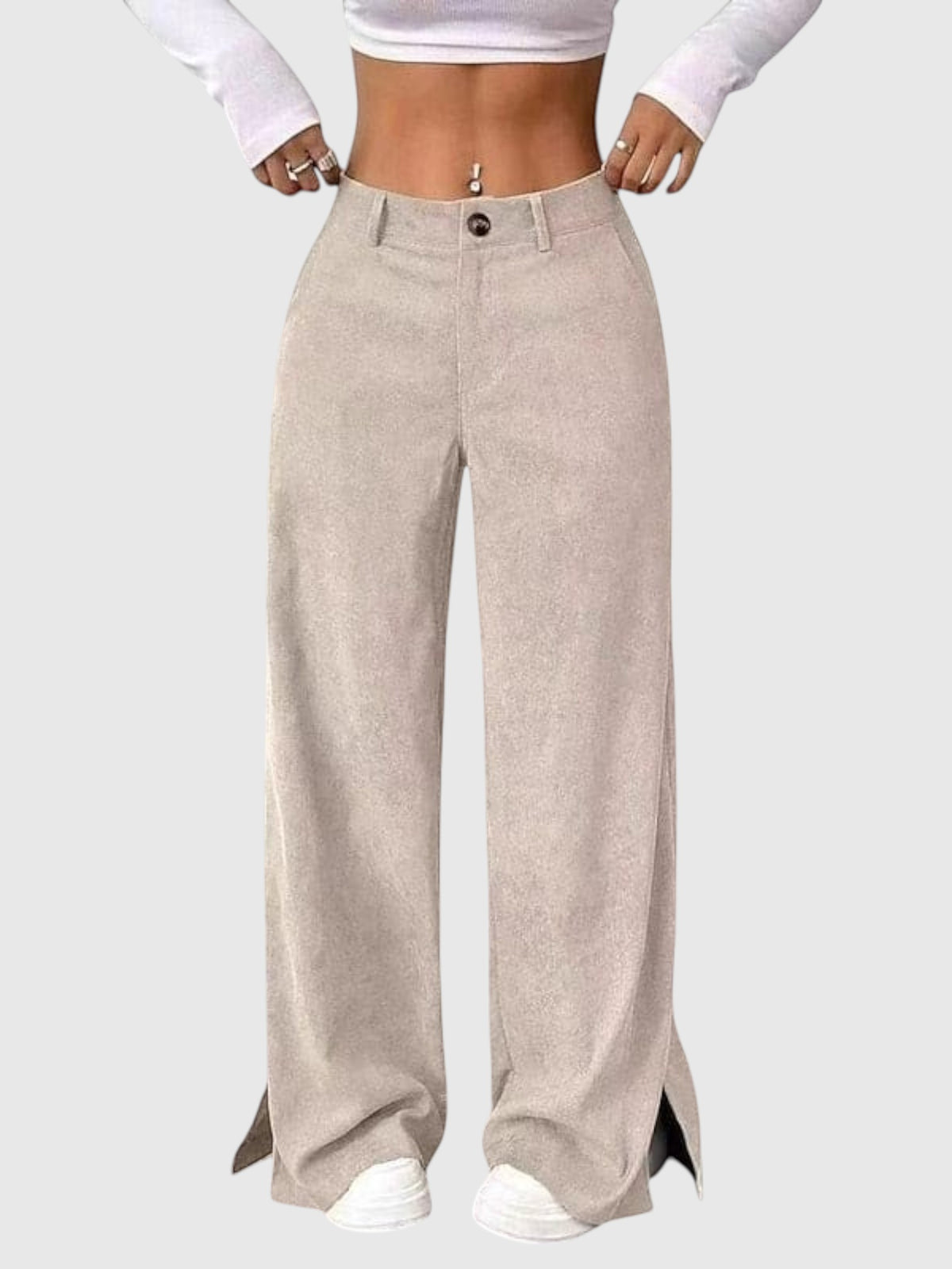 My Store Peyton high-waisted wide-leg pants in beige with a button front and side hem slits on a model