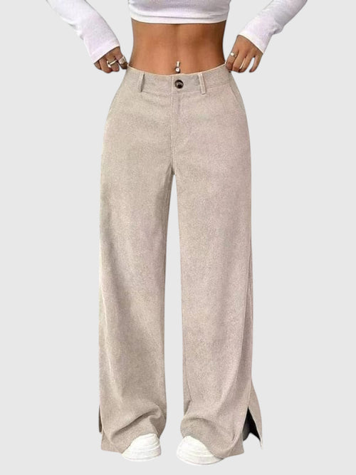 My Store Peyton high-waisted wide-leg pants in beige with a button front and relaxed fit on a model