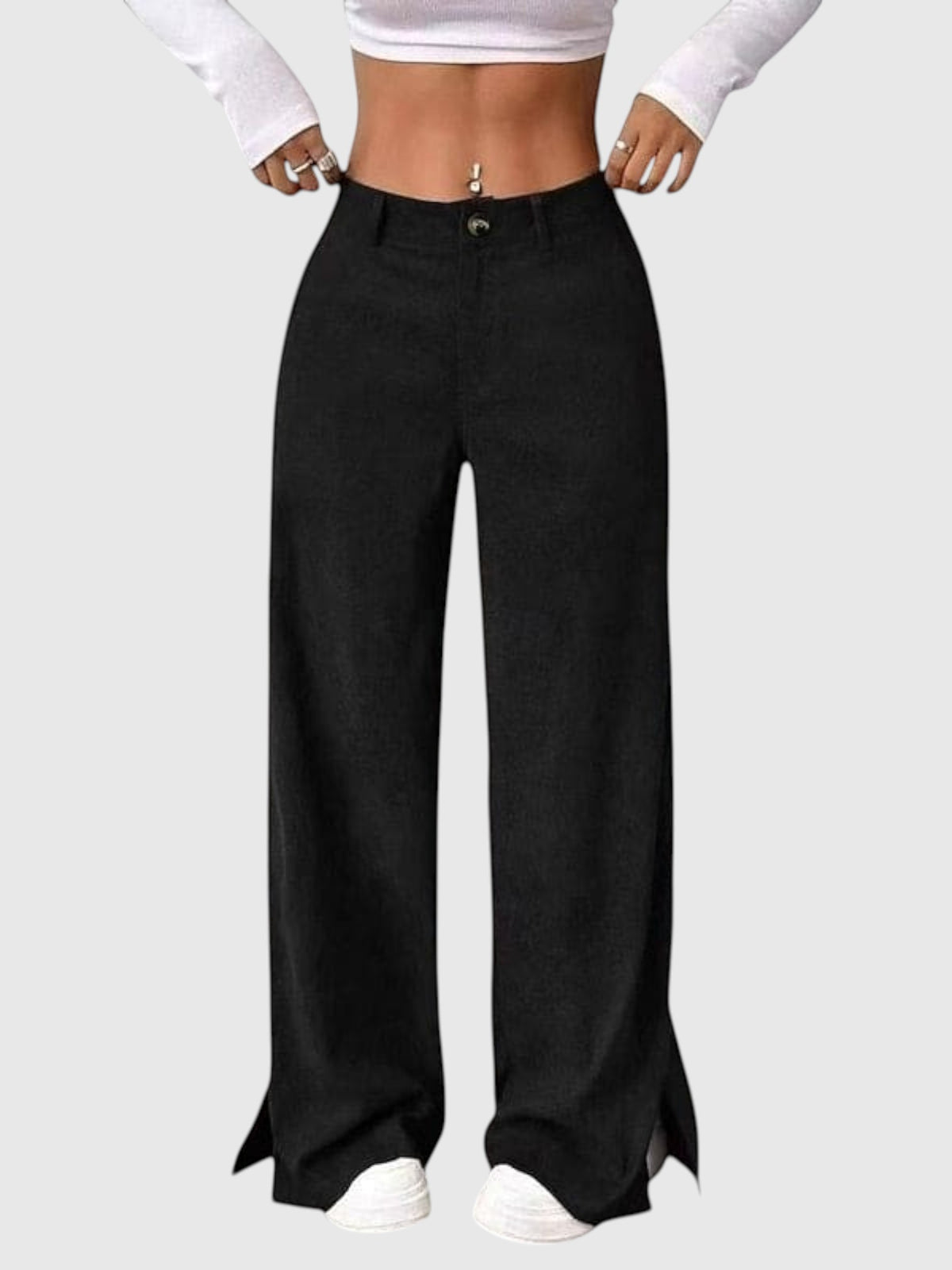 My Store Peyton black high-waisted wide-leg pants with a button front and side hem slits worn with a white crop top.