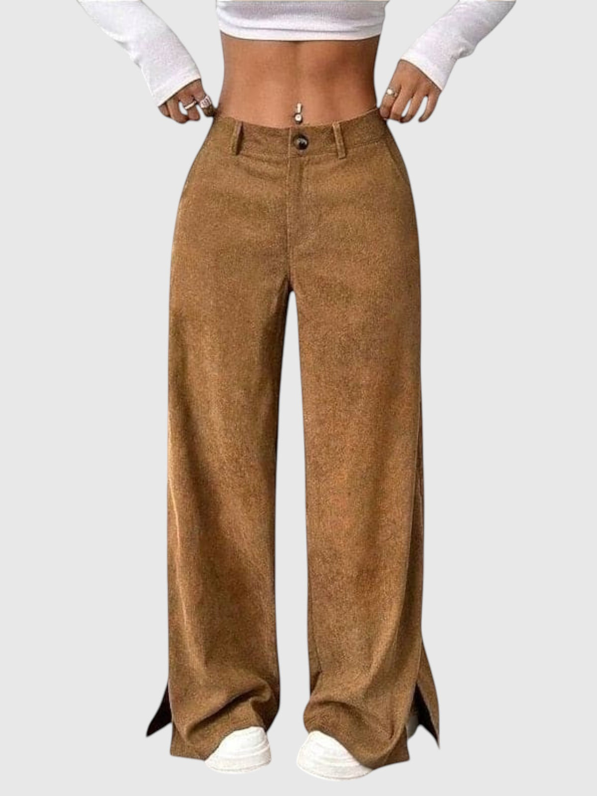 My Store Peyton high-waisted wide-leg brown corduroy pants with a button front and side hem slits