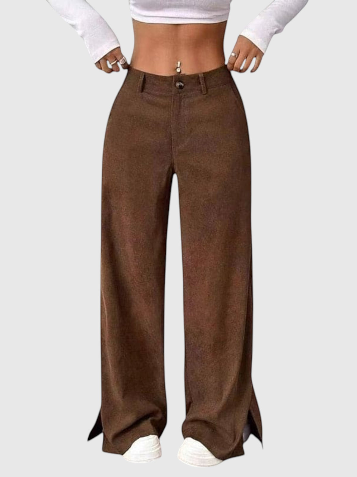 My Store Peyton high-waisted wide-leg pants in brown with a button front and side hem slits worn with a white top.
