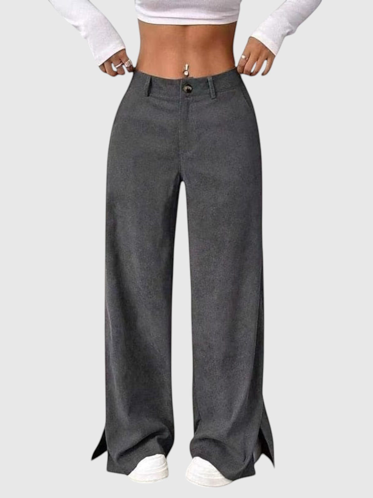 My Store Peyton charcoal grey high-waisted wide-leg pants with a button front and side hem slits